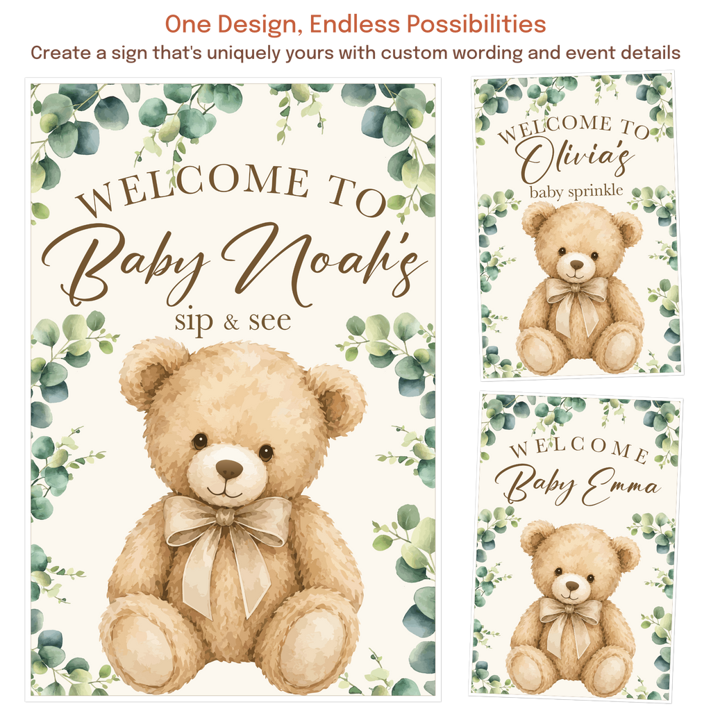 Teddy bear welcome sign examples customized for baby showers, baby sprinkles, sip and see parties, and other baby celebrations.