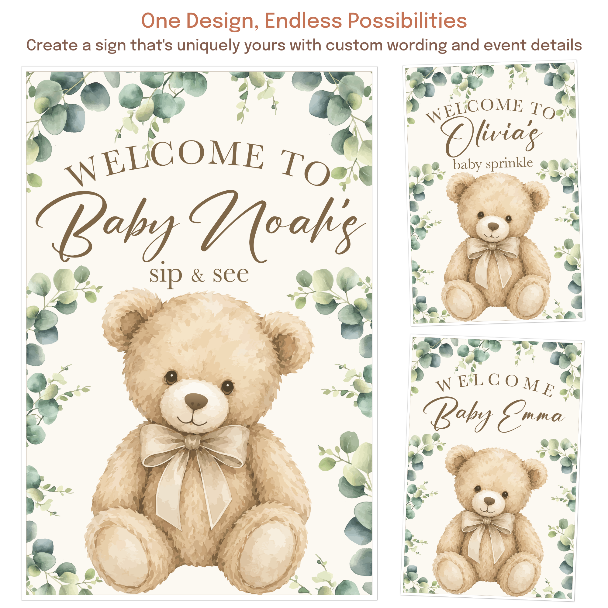 Teddy bear welcome sign examples customized for baby showers, baby sprinkles, sip and see parties, and other baby celebrations.