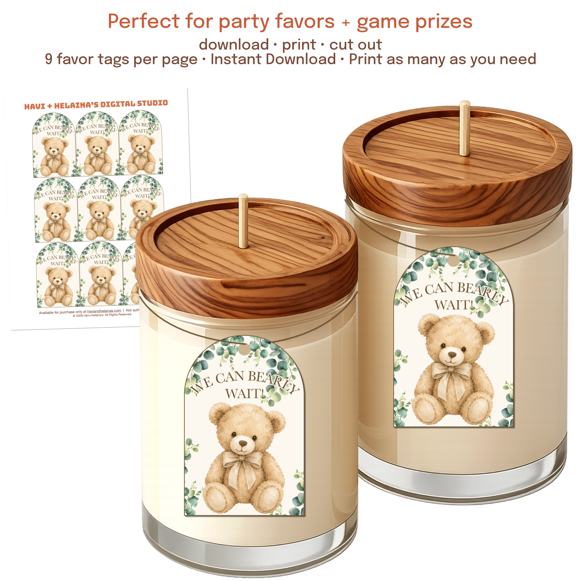 Teddy bear baby shower favor tags displayed on candles as party favor and game prize tags.