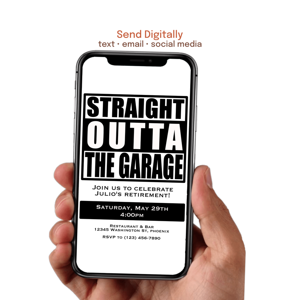 Straight Outta Work invitation for retirement parties, promotions, career changes, and farewell celebrations.