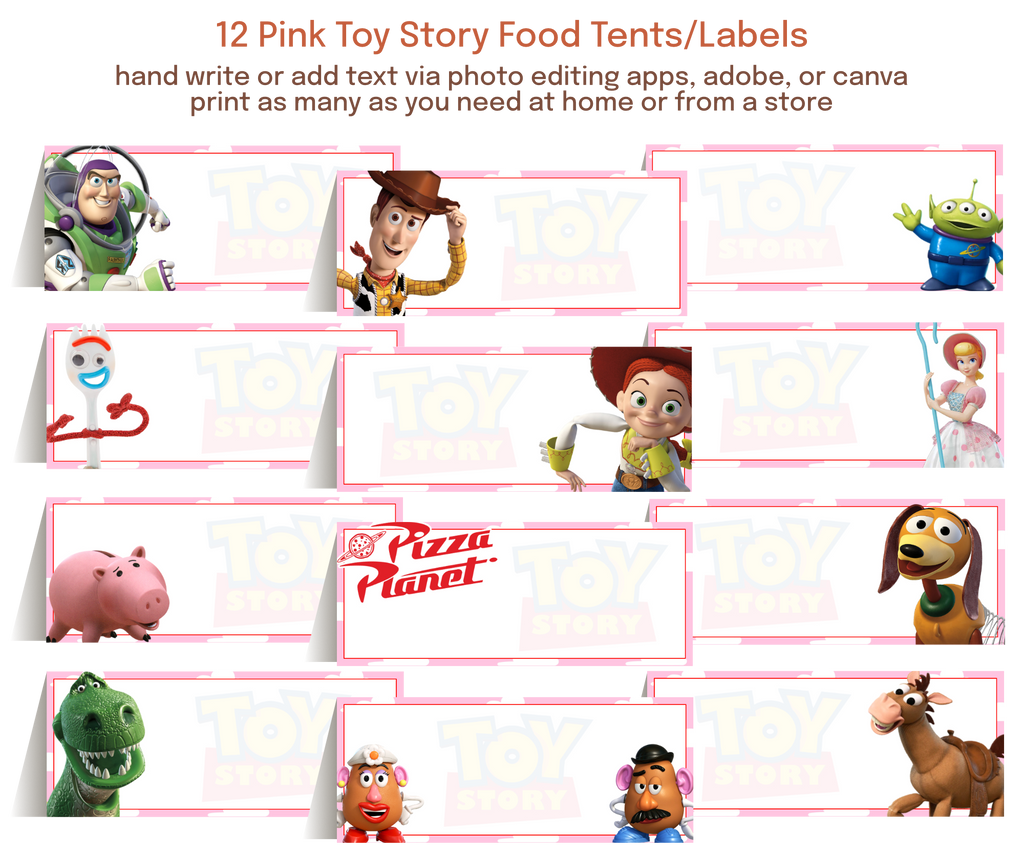 Editable food labels and table tents with a pink background and customizable text for parties, graduations, showers, and special events
