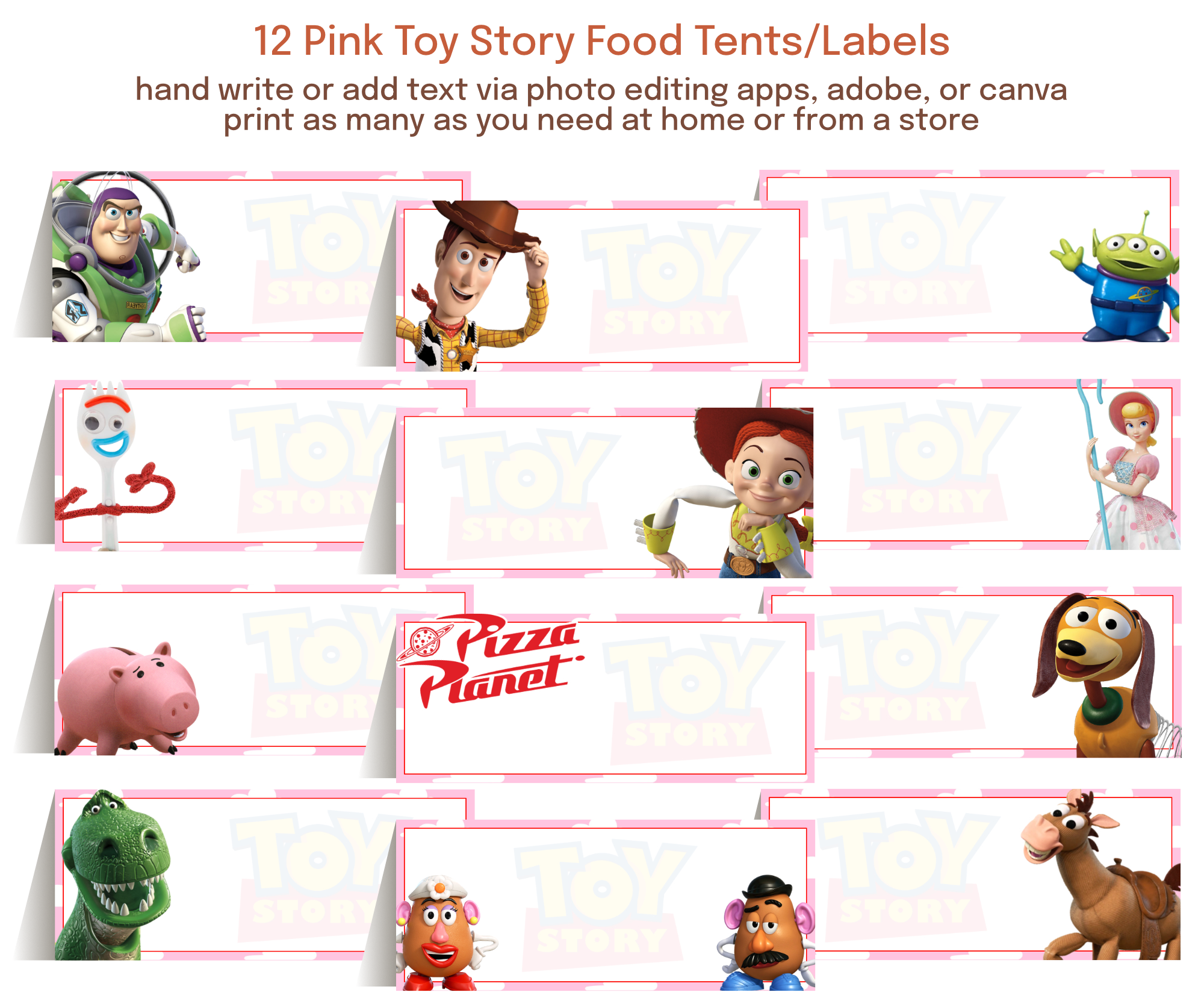 Editable food labels and table tents with a pink background and customizable text for parties, graduations, showers, and special events