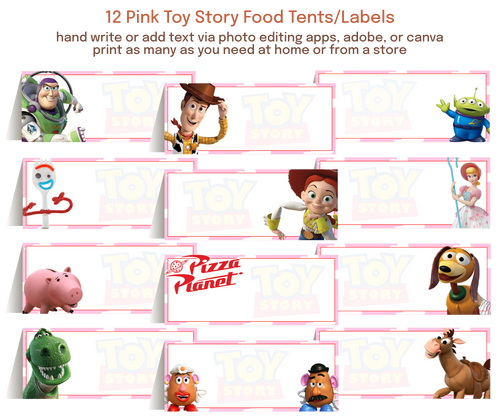 Editable food labels and table tents with a pink background and customizable text for parties, graduations, showers, and special events