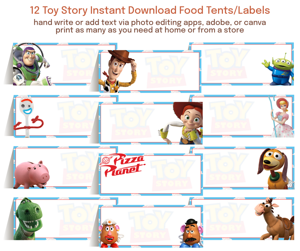Editable food labels and table tents with customizable text for parties, graduations, showers, and special events