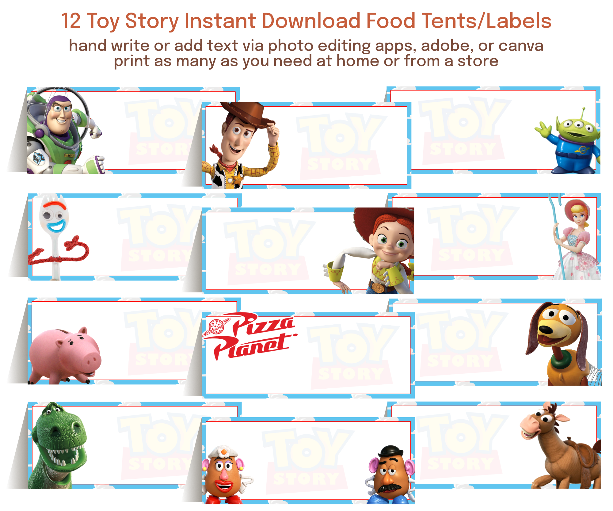 Editable food labels and table tents with customizable text for parties, graduations, showers, and special events