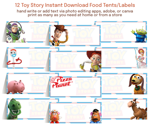 Editable food labels and table tents with customizable text for parties, graduations, showers, and special events