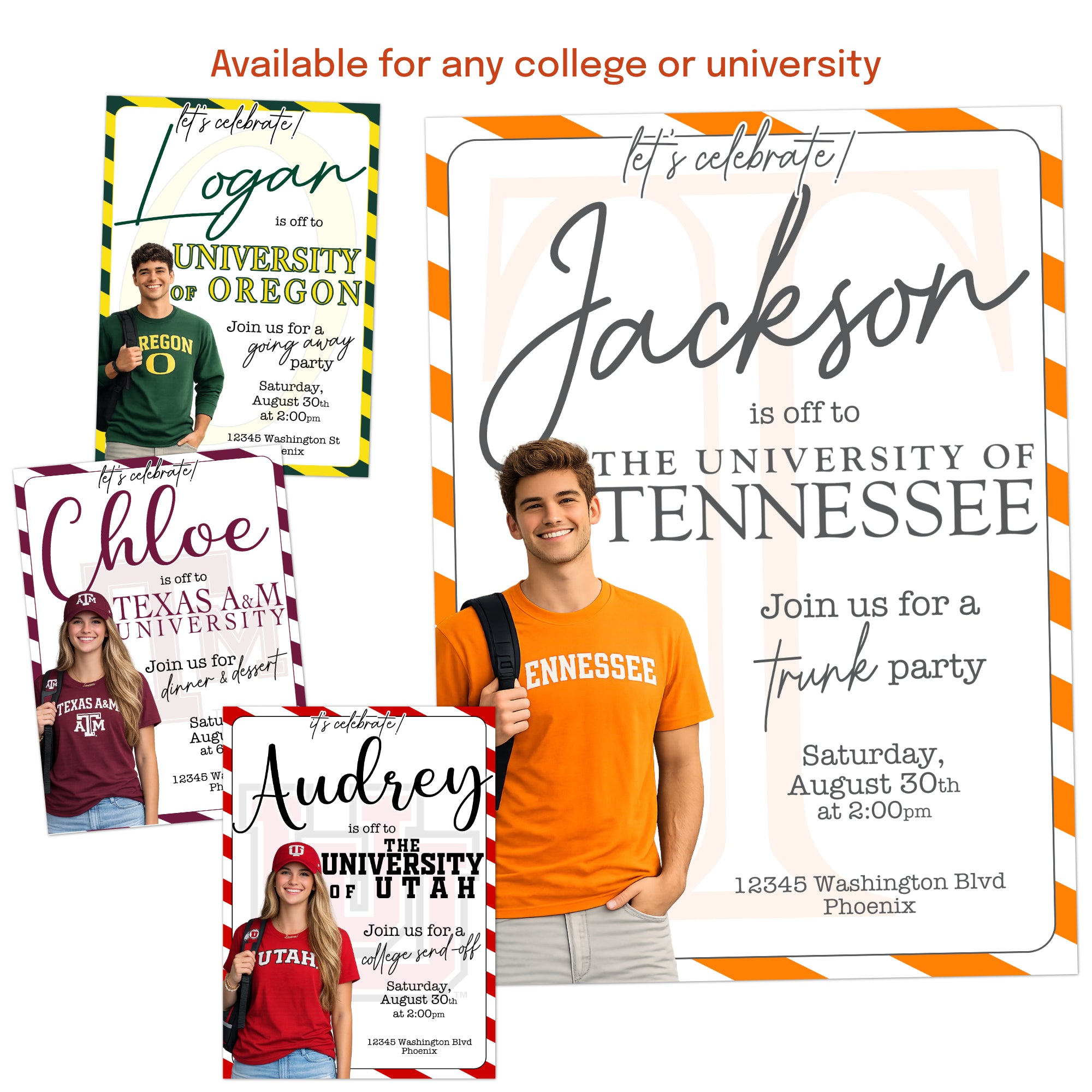 Personalized off to college invitation with graduate photo and college name