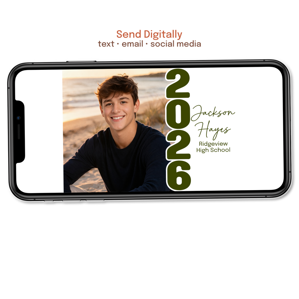 Custom graduation announcement with name, school, and year in a clean modern design