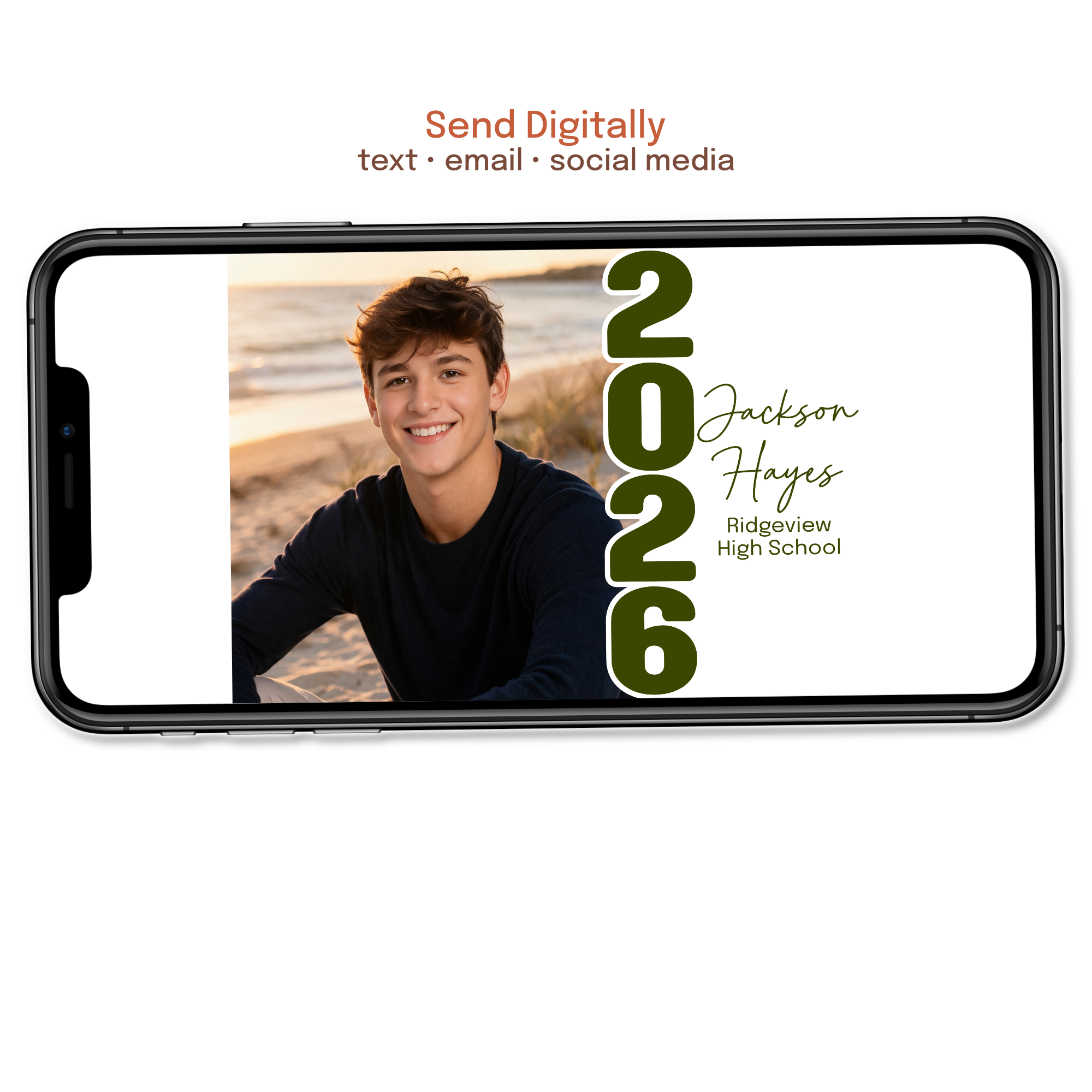 Custom graduation announcement with name, school, and year in a clean modern design