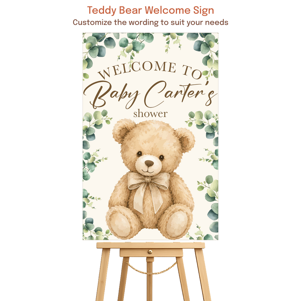 Teddy bear baby shower welcome sign featuring watercolor eucalyptus greenery and personalized event details displayed on a wooden easel.