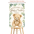 Teddy bear baby shower welcome sign featuring watercolor eucalyptus greenery and personalized event details displayed on a wooden easel.