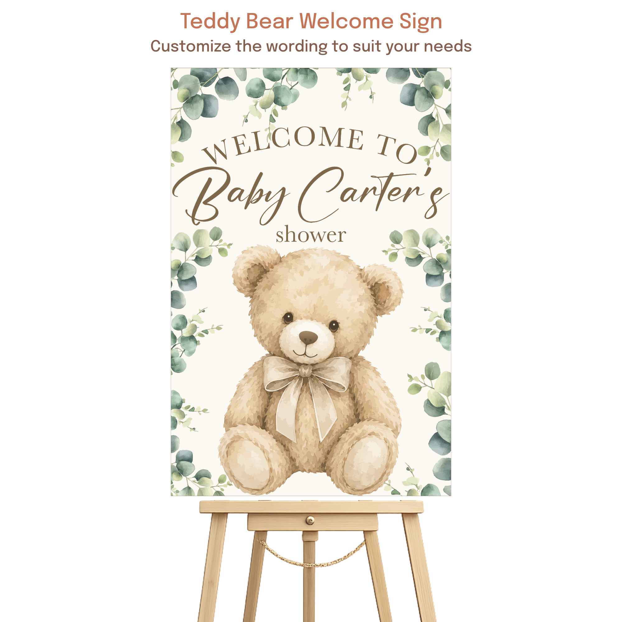 Teddy bear baby shower welcome sign featuring watercolor eucalyptus greenery and personalized event details displayed on a wooden easel.