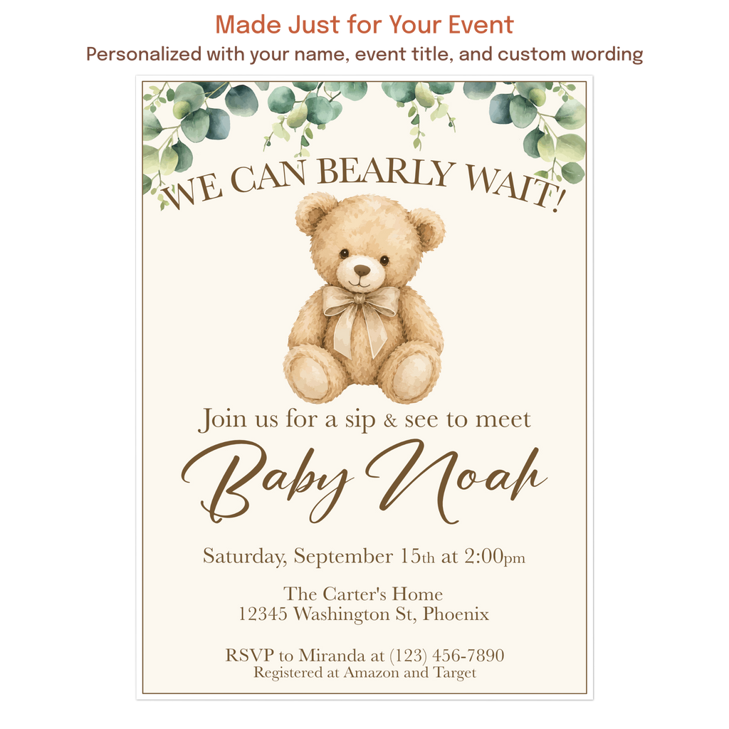 Customized teddy bear baby shower invitation featuring personalized name and event details.