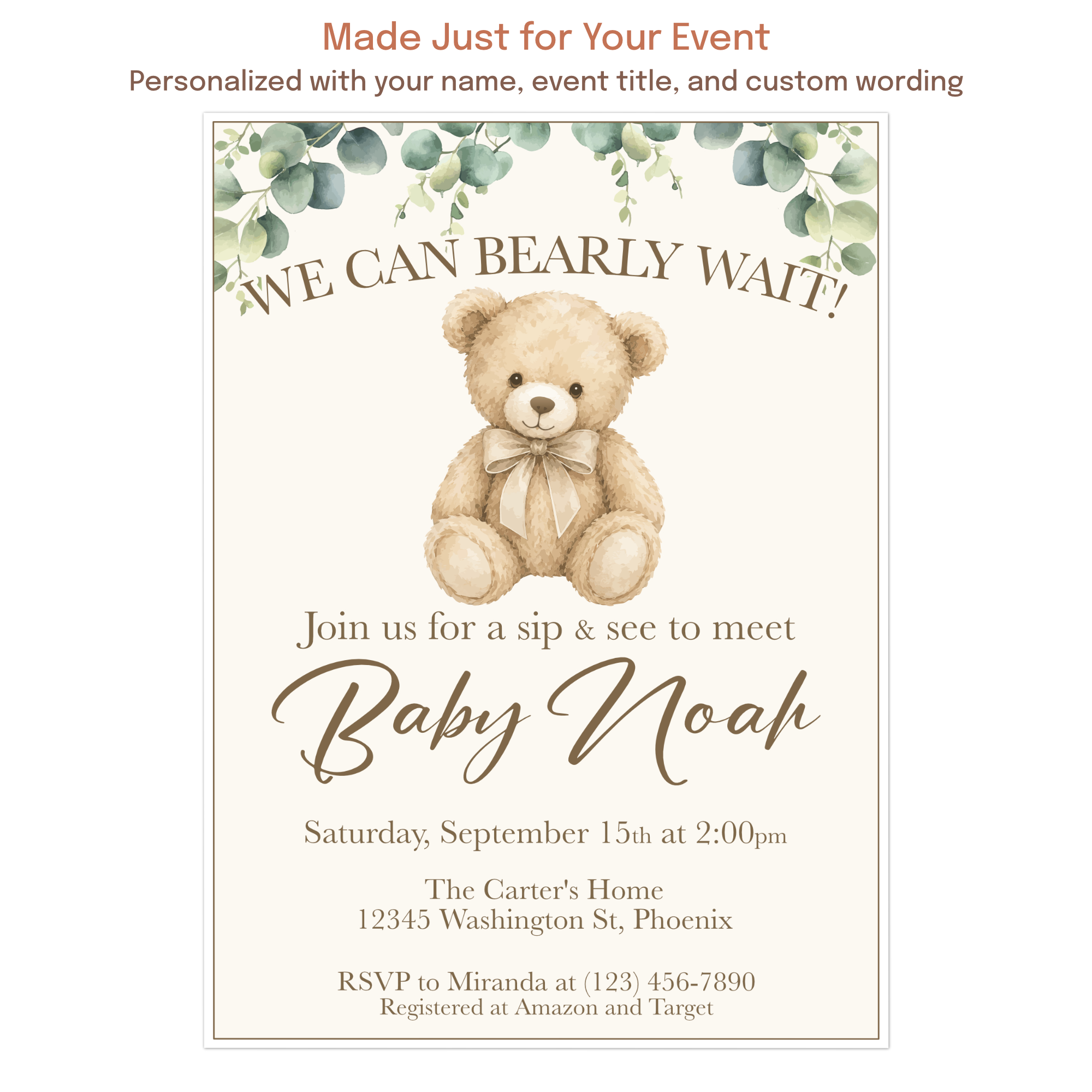 Customized teddy bear baby shower invitation featuring personalized name and event details.
