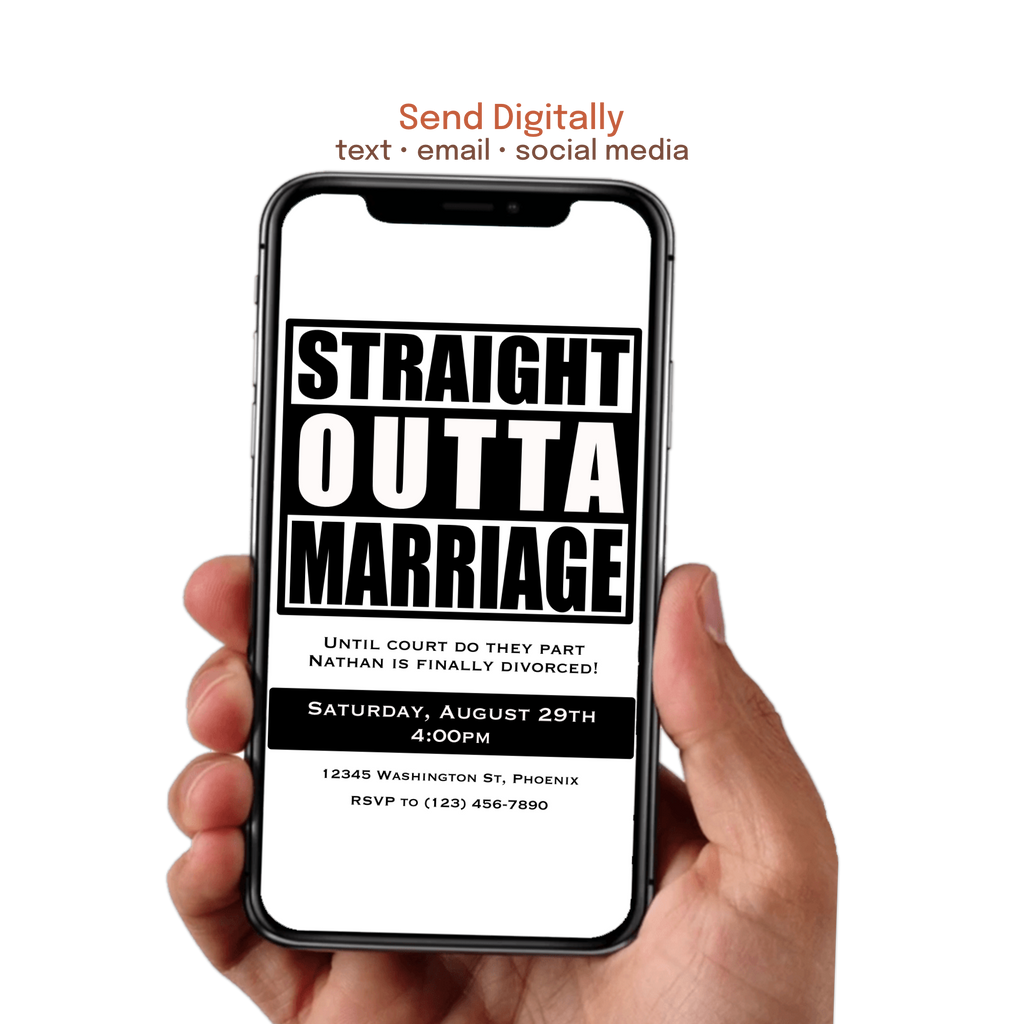 Customized divorce party invitation with personalized names, colors, and event details.