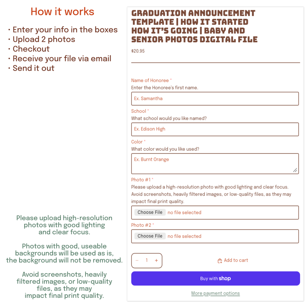 custom graduation announcement with name school colors and photos