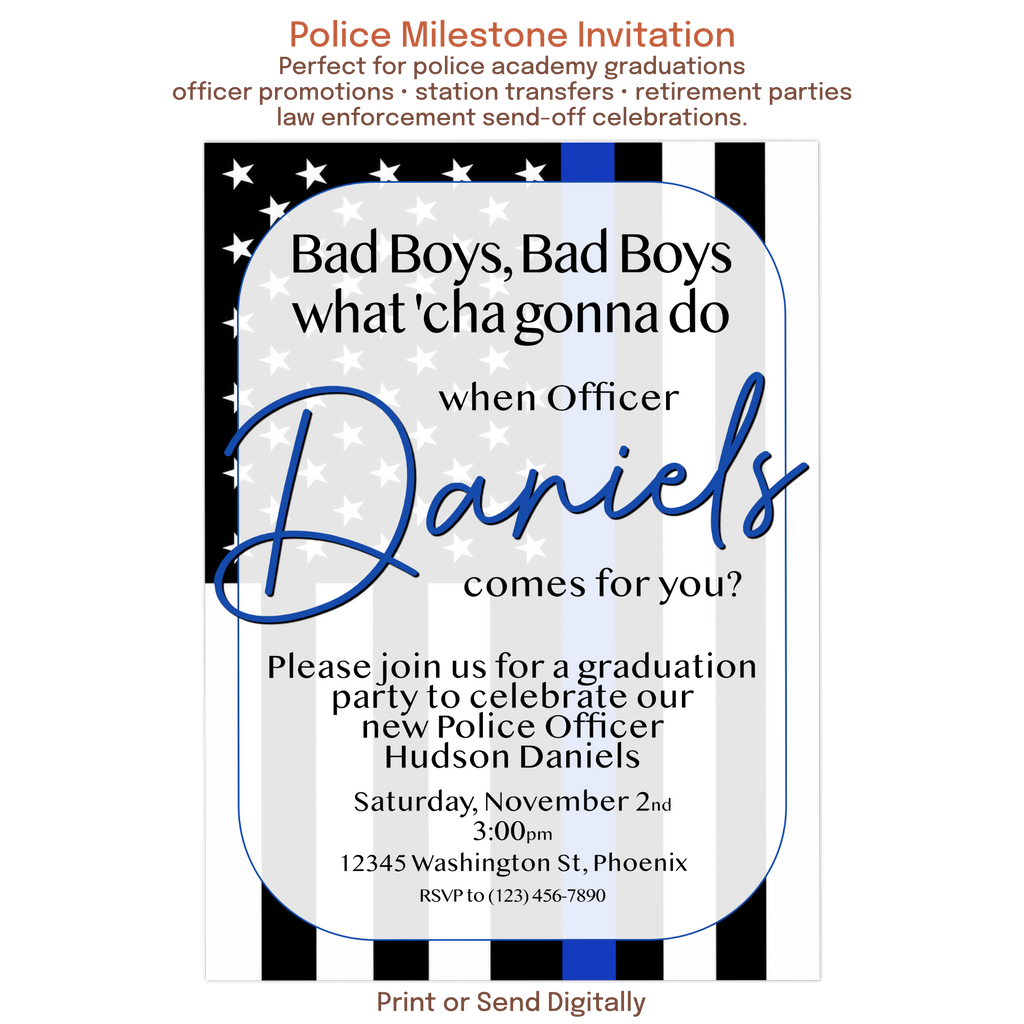 Personalized police academy graduation invitation with thin blue line flag background and custom officer name