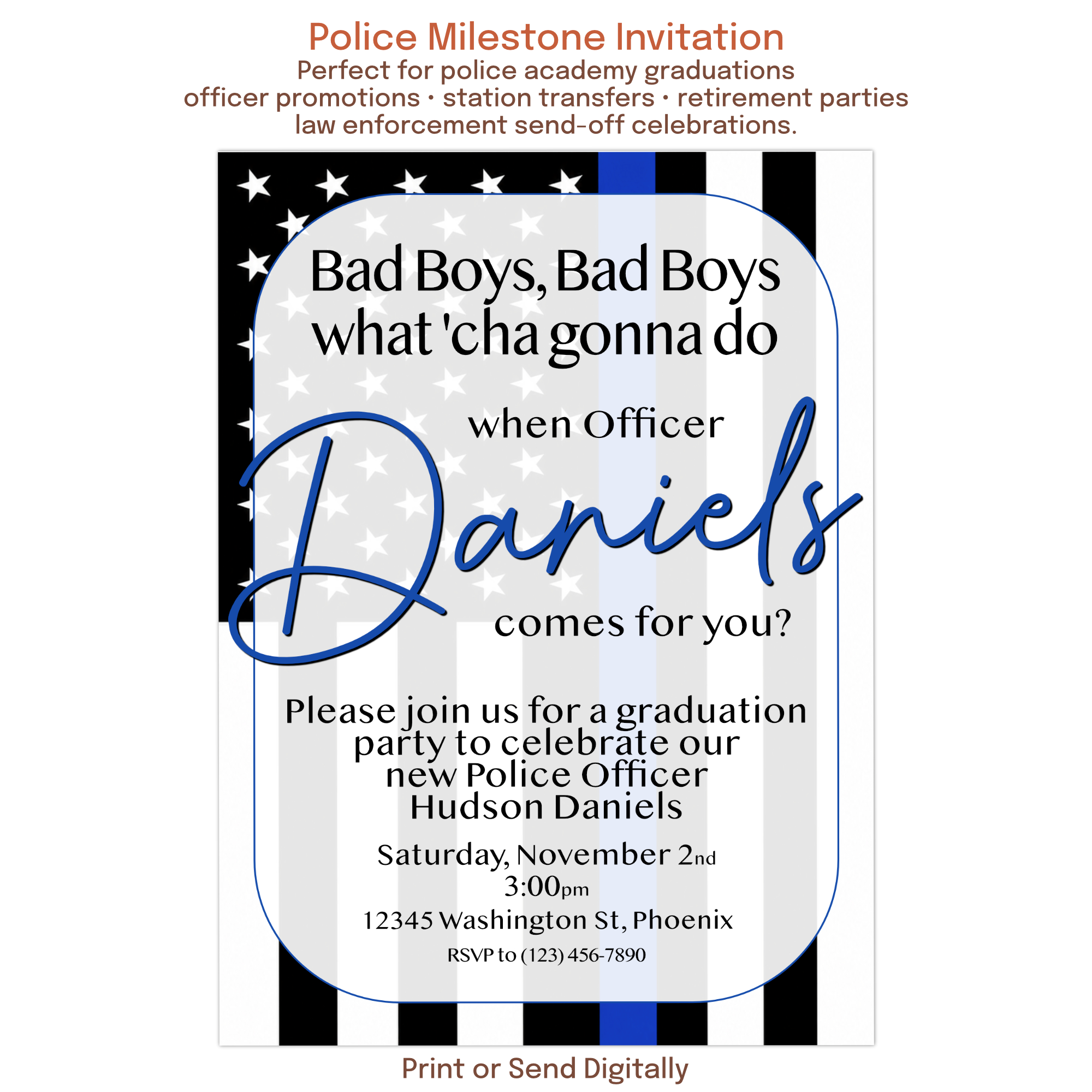 Personalized police academy graduation invitation with thin blue line flag background and custom officer name