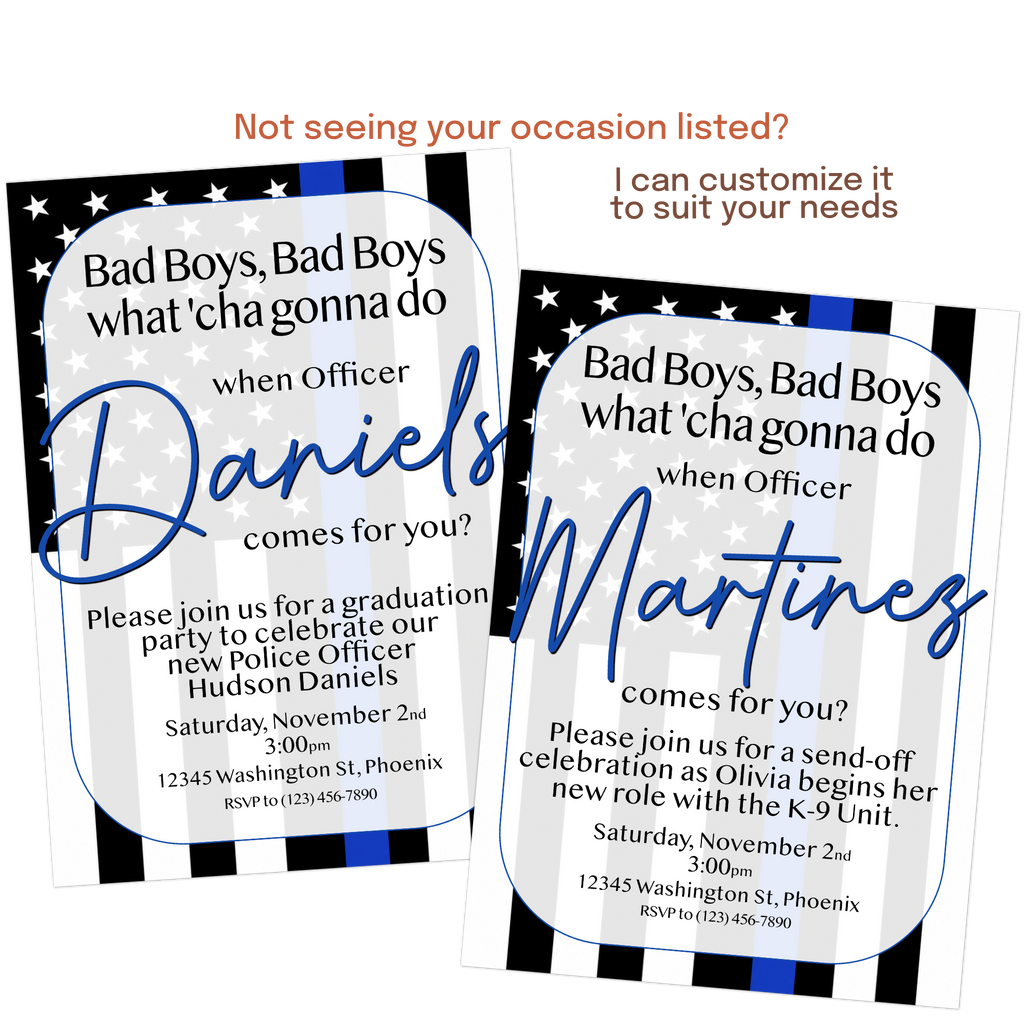 Custom law enforcement send-off party invitation for academy recruits, transfers, or new assignments