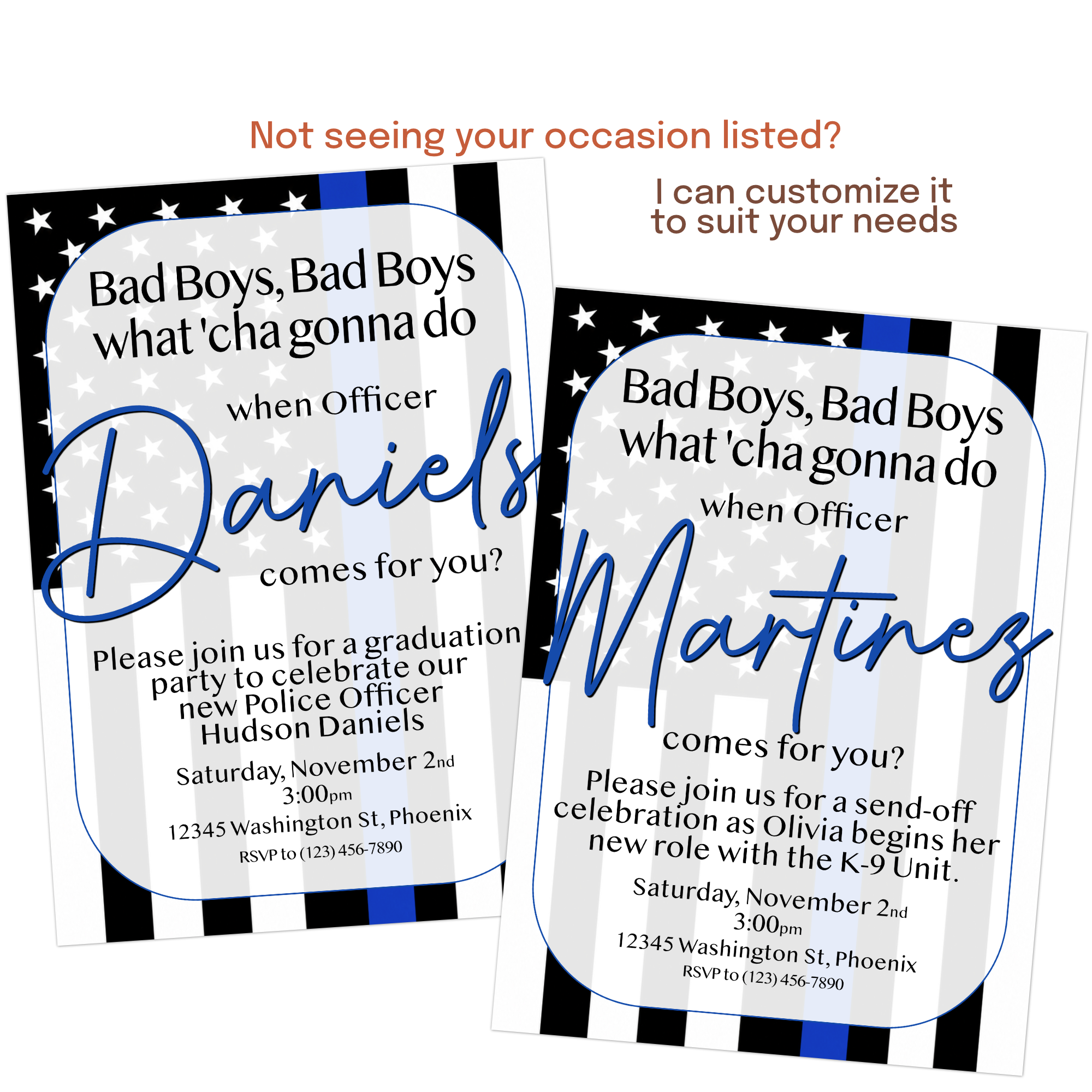 Custom law enforcement send-off party invitation for academy recruits, transfers, or new assignments