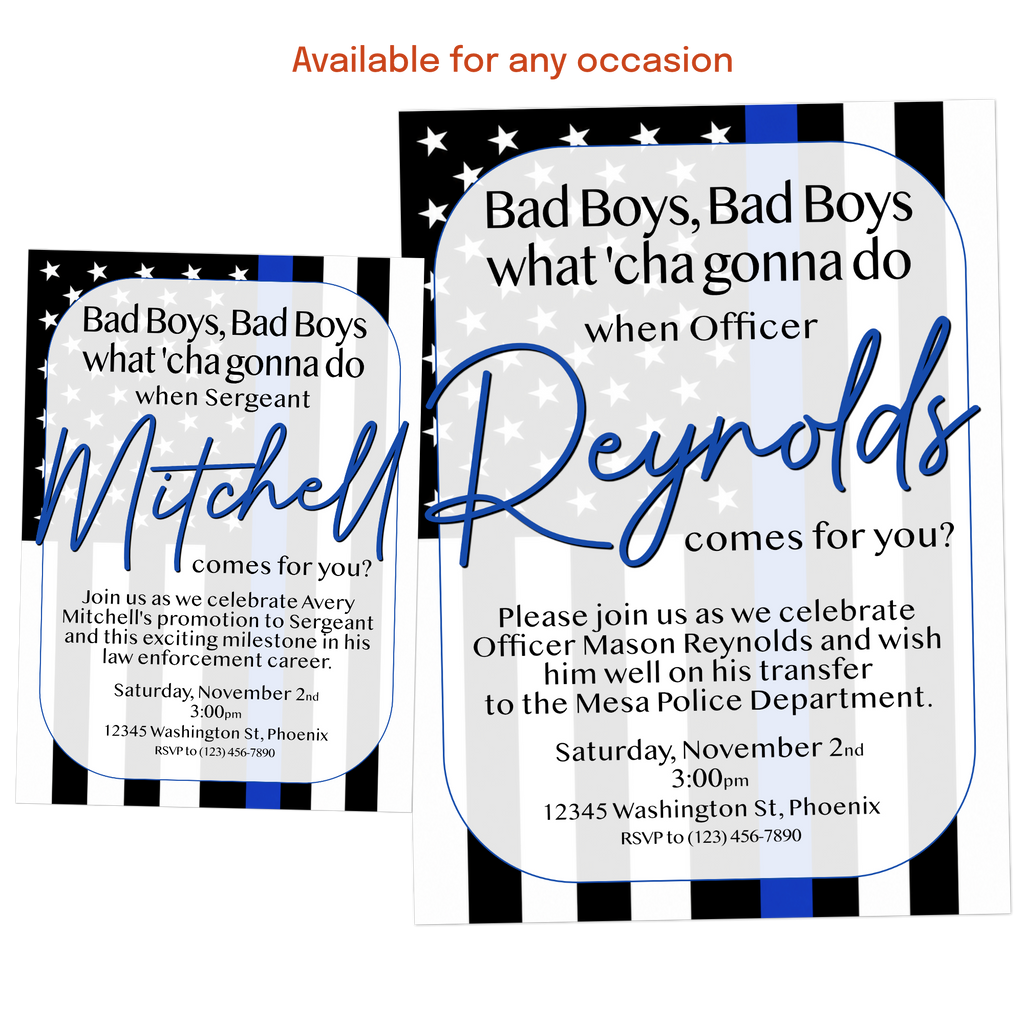 Custom police promotion invitation celebrating an officer's advancement to a new rank