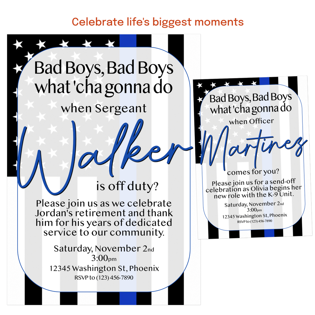 Personalized police retirement invitation honoring years of service and career achievement