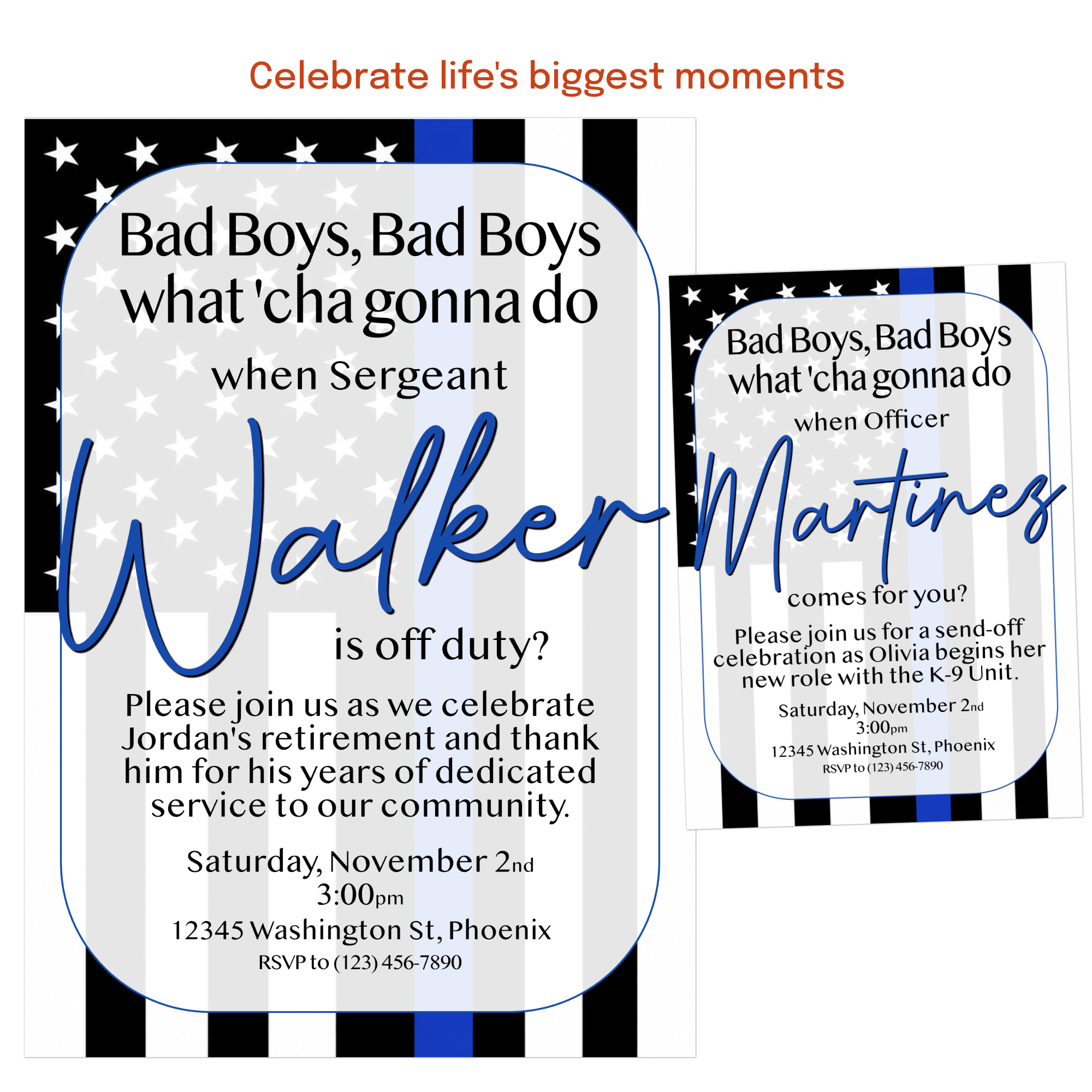 Personalized police retirement invitation honoring years of service and career achievement