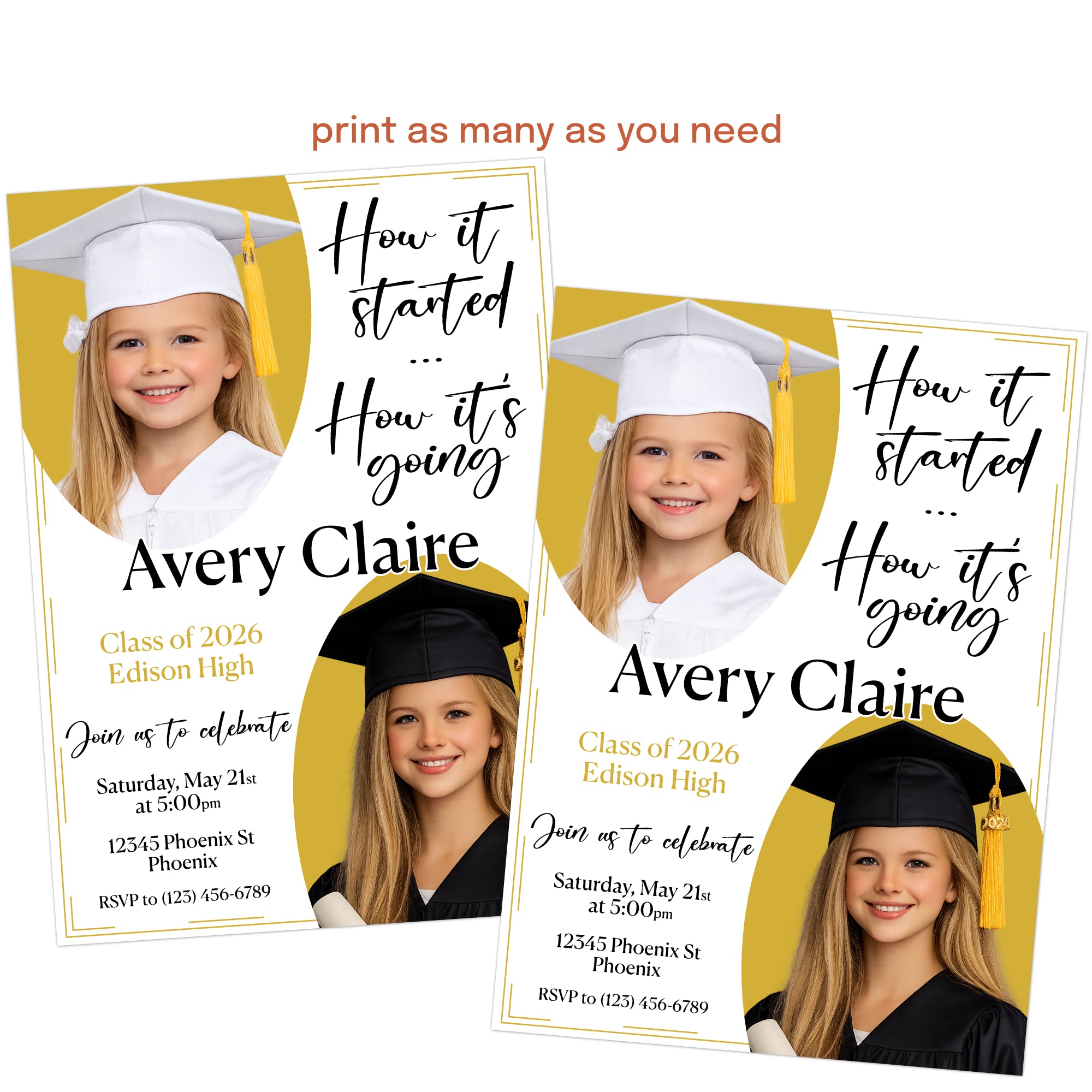 5x7 digital graduation invitation file that can be printed at home or sent via text, email, or social media for easy party planning