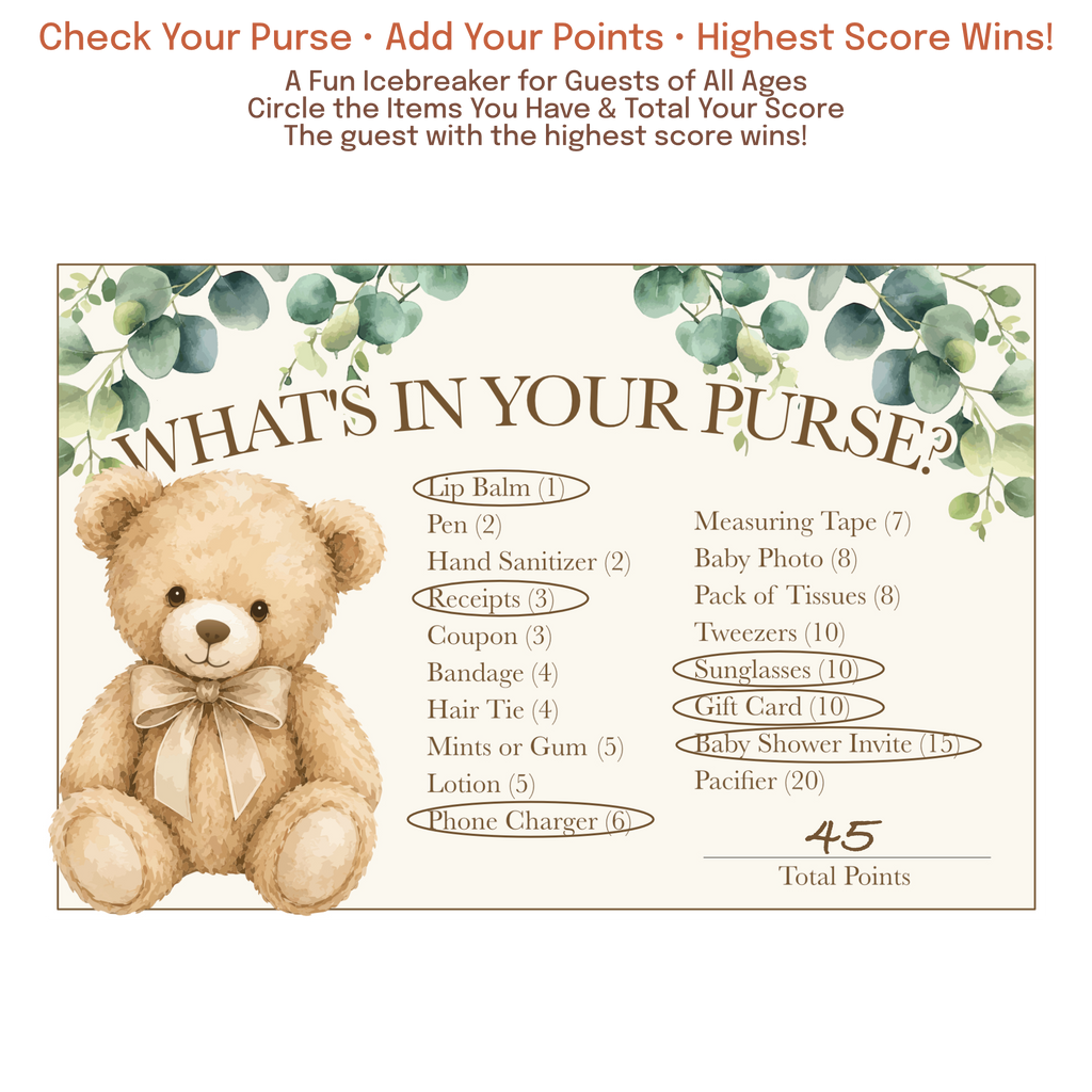 Baby shower game where guests earn points for items found in their purse, diaper bag, or pockets.