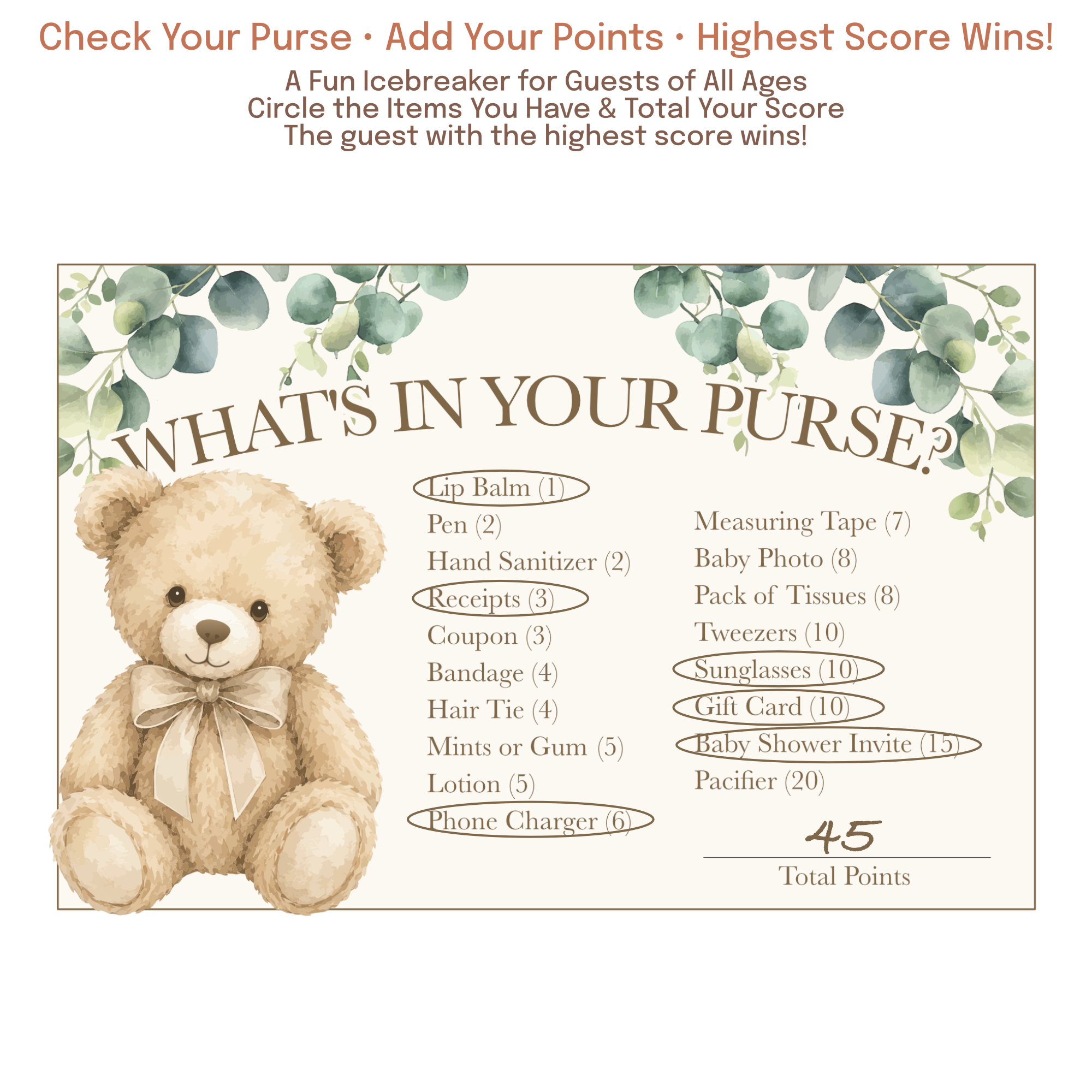 Baby shower game where guests earn points for items found in their purse, diaper bag, or pockets.