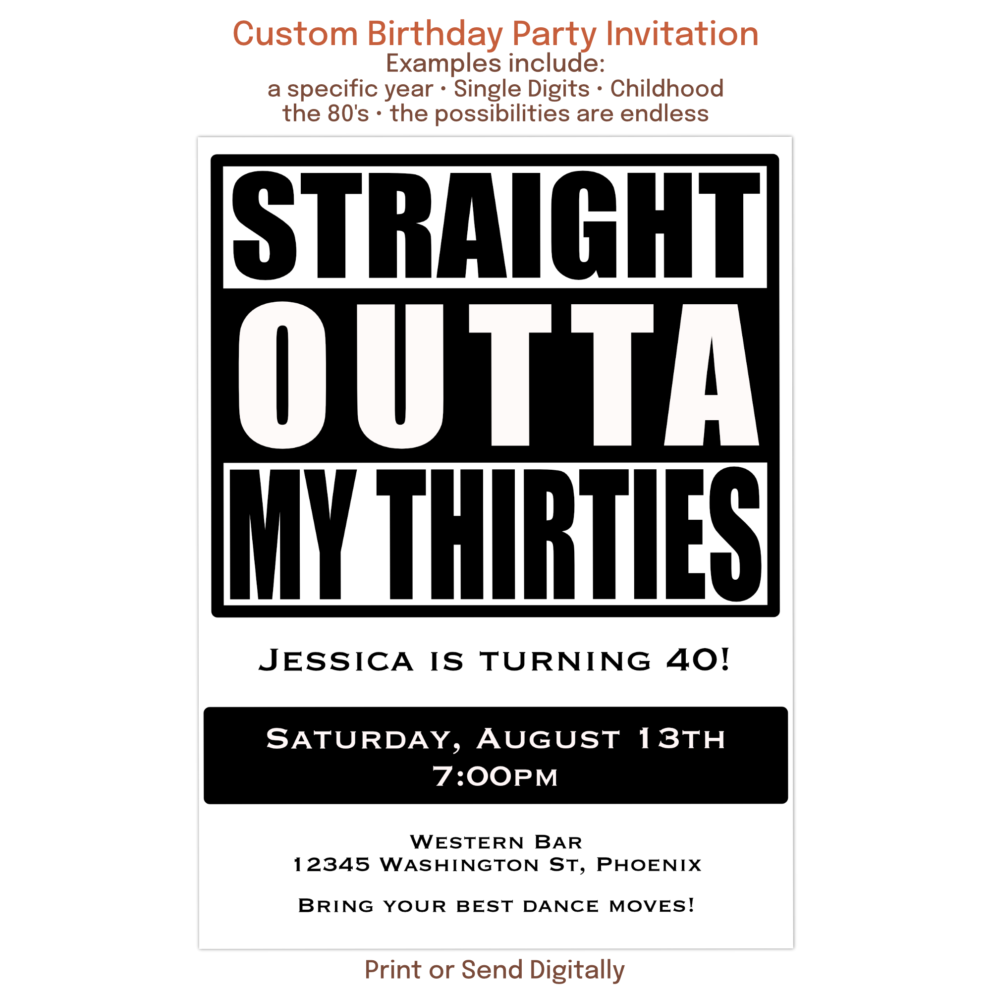 Custom Straight Outta birthday invitation with personalized name, age, and birth year.