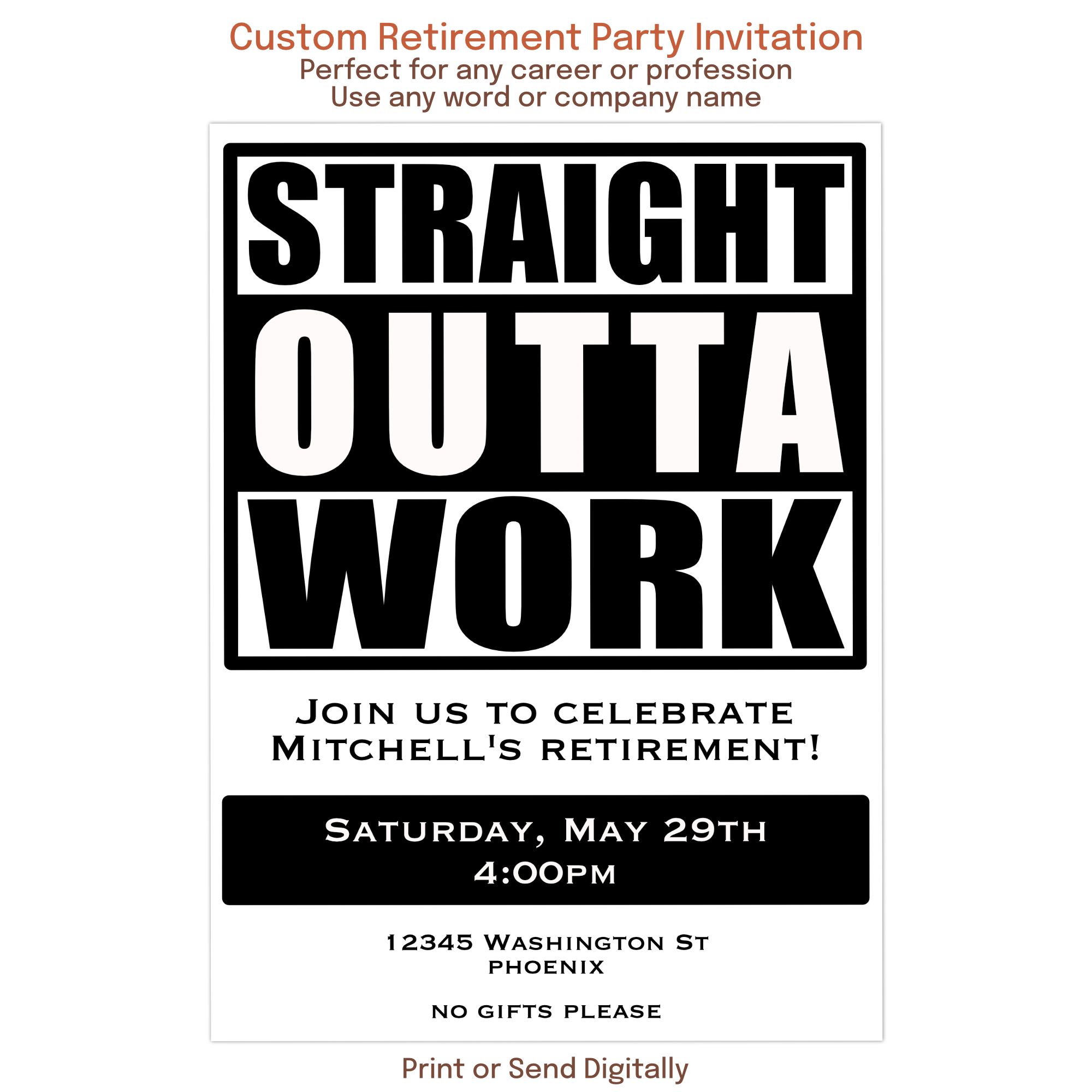 Personalized Straight Outta Work retirement party invitation for career celebrations.