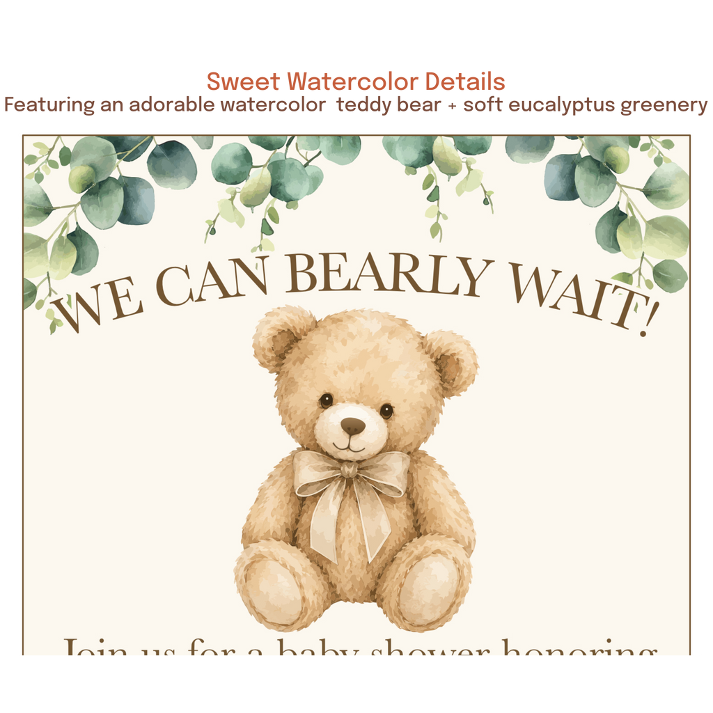 Close-up of watercolor teddy bear and eucalyptus greenery on neutral baby shower invitation.