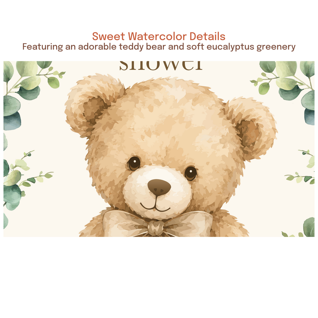 Close-up of a watercolor teddy bear illustration with soft eucalyptus greenery accents used on a baby shower welcome sign.