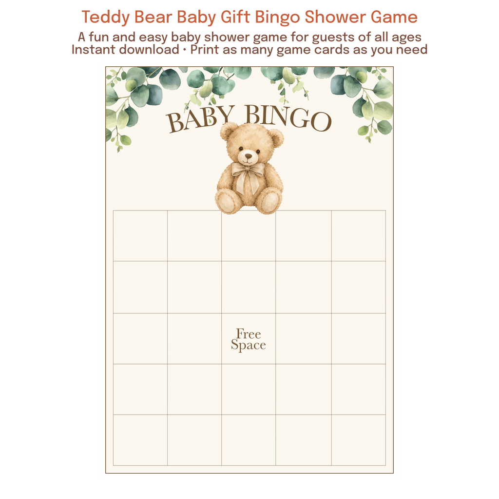 Printable teddy bear baby bingo game featuring a neutral greenery baby shower theme.