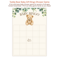 Printable teddy bear baby bingo game featuring a neutral greenery baby shower theme.