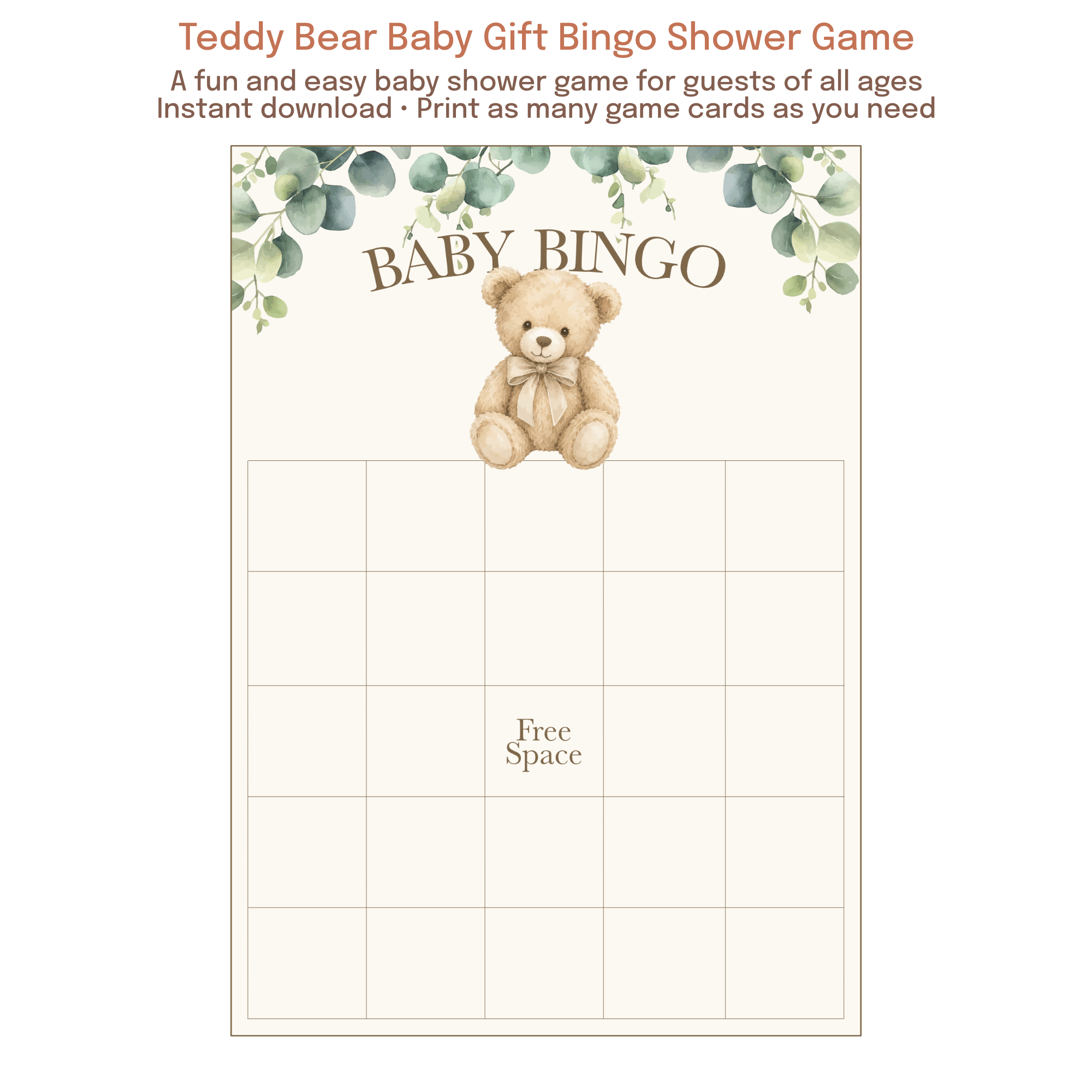Printable teddy bear baby bingo game featuring a neutral greenery baby shower theme.