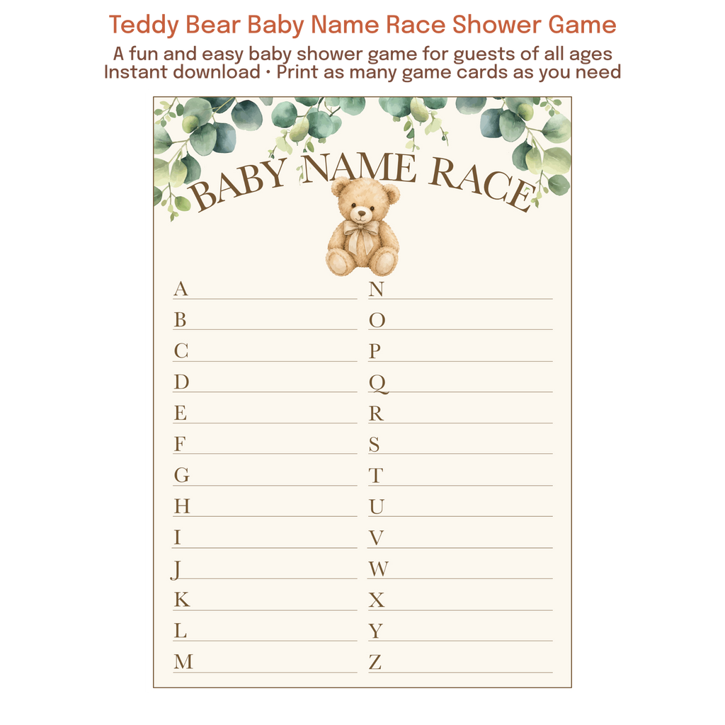 Printable Teddy Bear Baby Name Race game featuring watercolor teddy bear artwork, eucalyptus greenery, and a neutral baby shower theme.