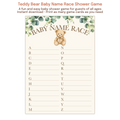 Printable Teddy Bear Baby Name Race game featuring watercolor teddy bear artwork, eucalyptus greenery, and a neutral baby shower theme.