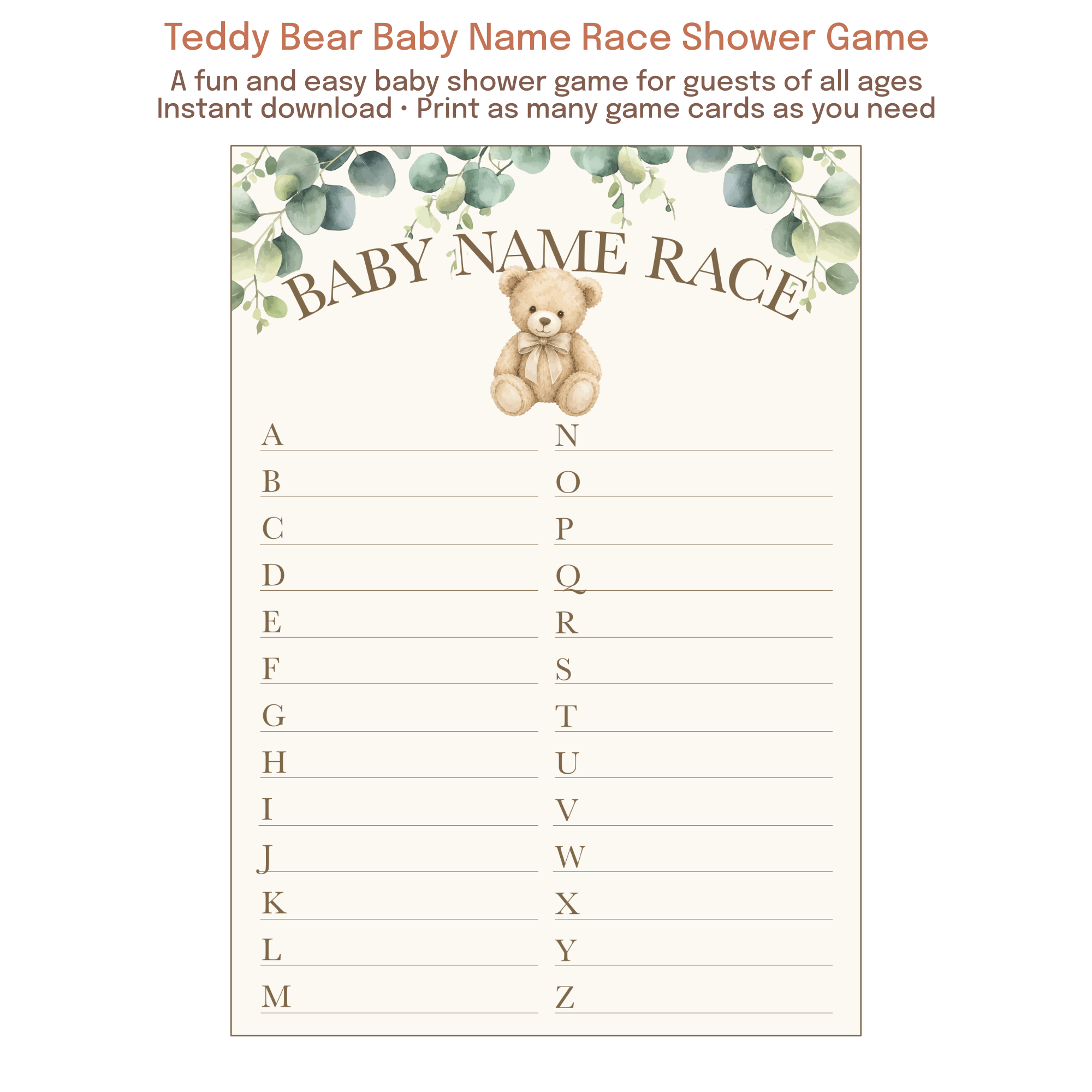 Printable Teddy Bear Baby Name Race game featuring watercolor teddy bear artwork, eucalyptus greenery, and a neutral baby shower theme.