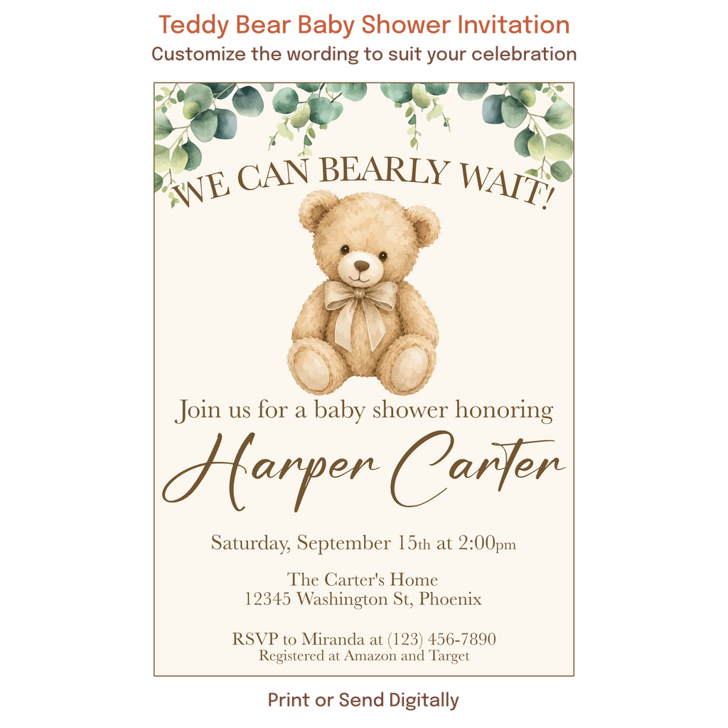 Neutral teddy bear baby shower invitation with watercolor eucalyptus greenery and personalized wording.