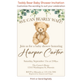 Neutral teddy bear baby shower invitation with watercolor eucalyptus greenery and personalized wording.