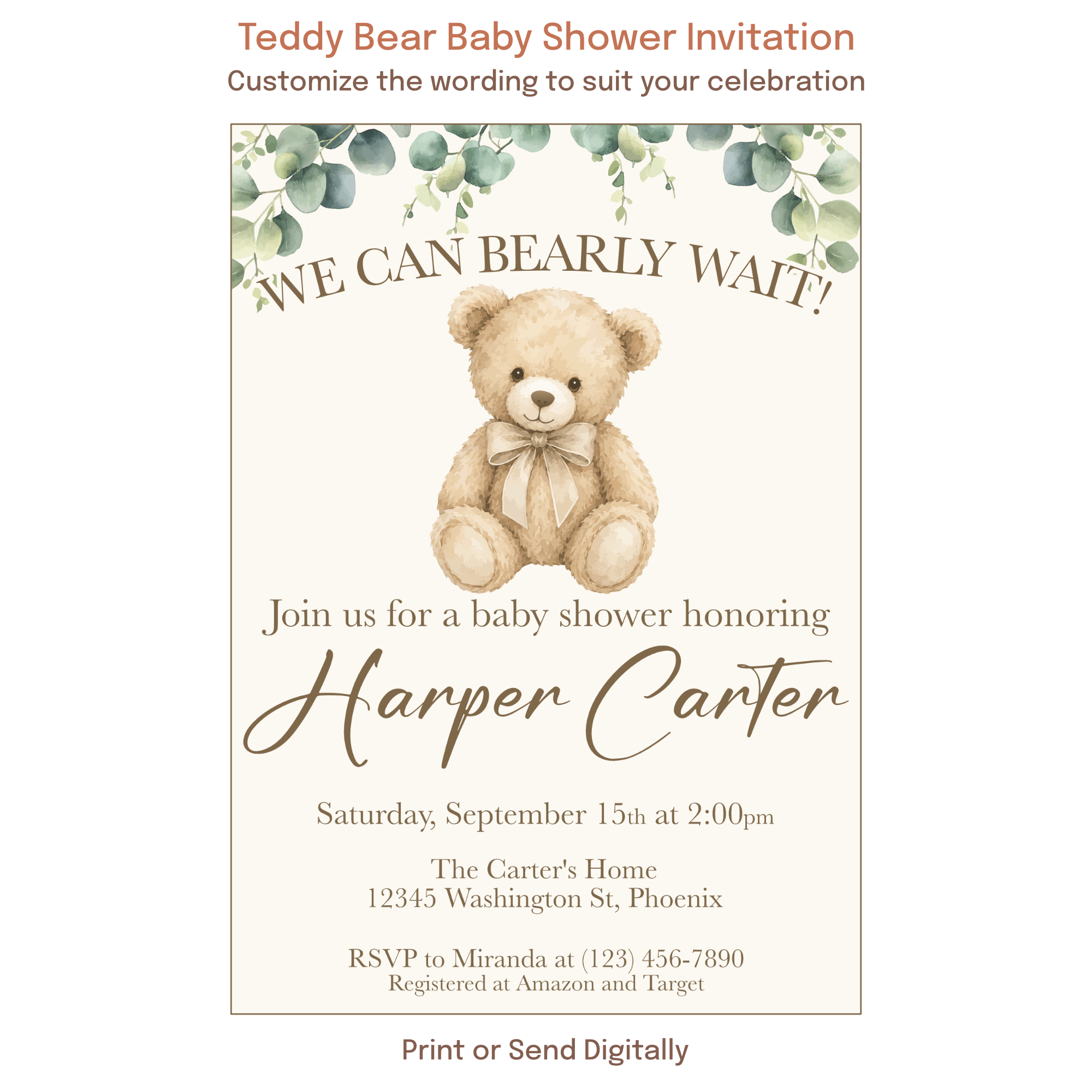 Neutral teddy bear baby shower invitation with watercolor eucalyptus greenery and personalized wording.