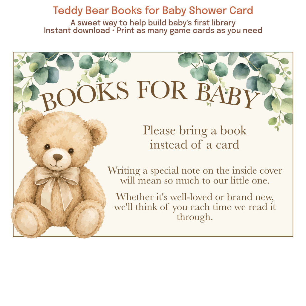 Printable Teddy Bear Books for Baby card featuring watercolor teddy bear artwork, eucalyptus greenery, and neutral baby shower colors.