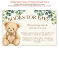 Printable Teddy Bear Books for Baby card featuring watercolor teddy bear artwork, eucalyptus greenery, and neutral baby shower colors.