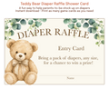 Teddy Bear Diaper Raffle Card printable featuring watercolor teddy bear artwork, eucalyptus greenery, and a neutral baby shower theme.