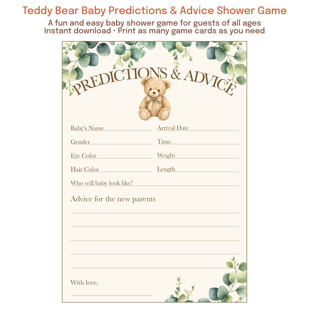 Printable teddy bear baby predictions and advice card for baby showers featuring a neutral greenery theme.