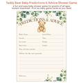 Printable teddy bear baby predictions and advice card for baby showers featuring a neutral greenery theme.