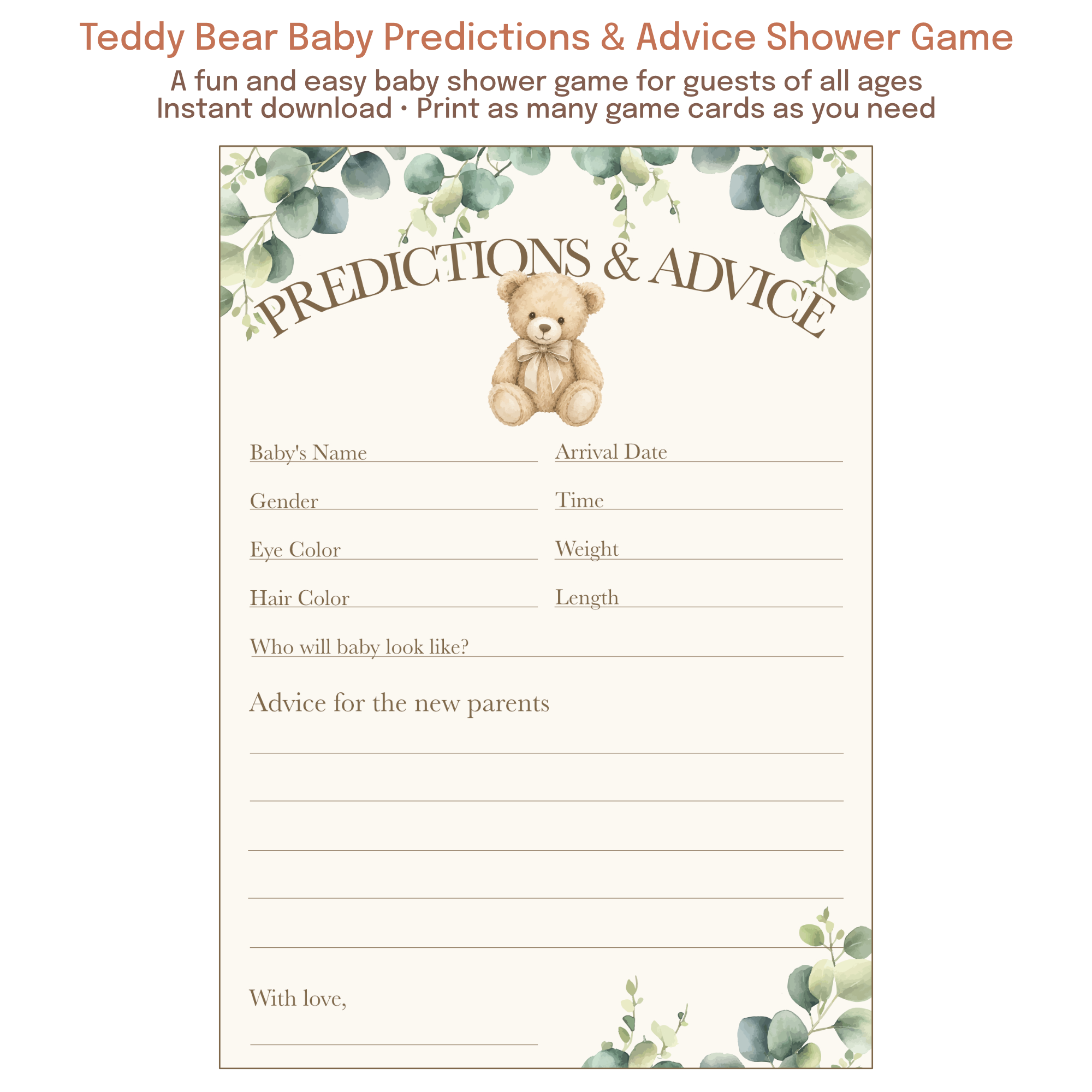 Printable teddy bear baby predictions and advice card for baby showers featuring a neutral greenery theme.