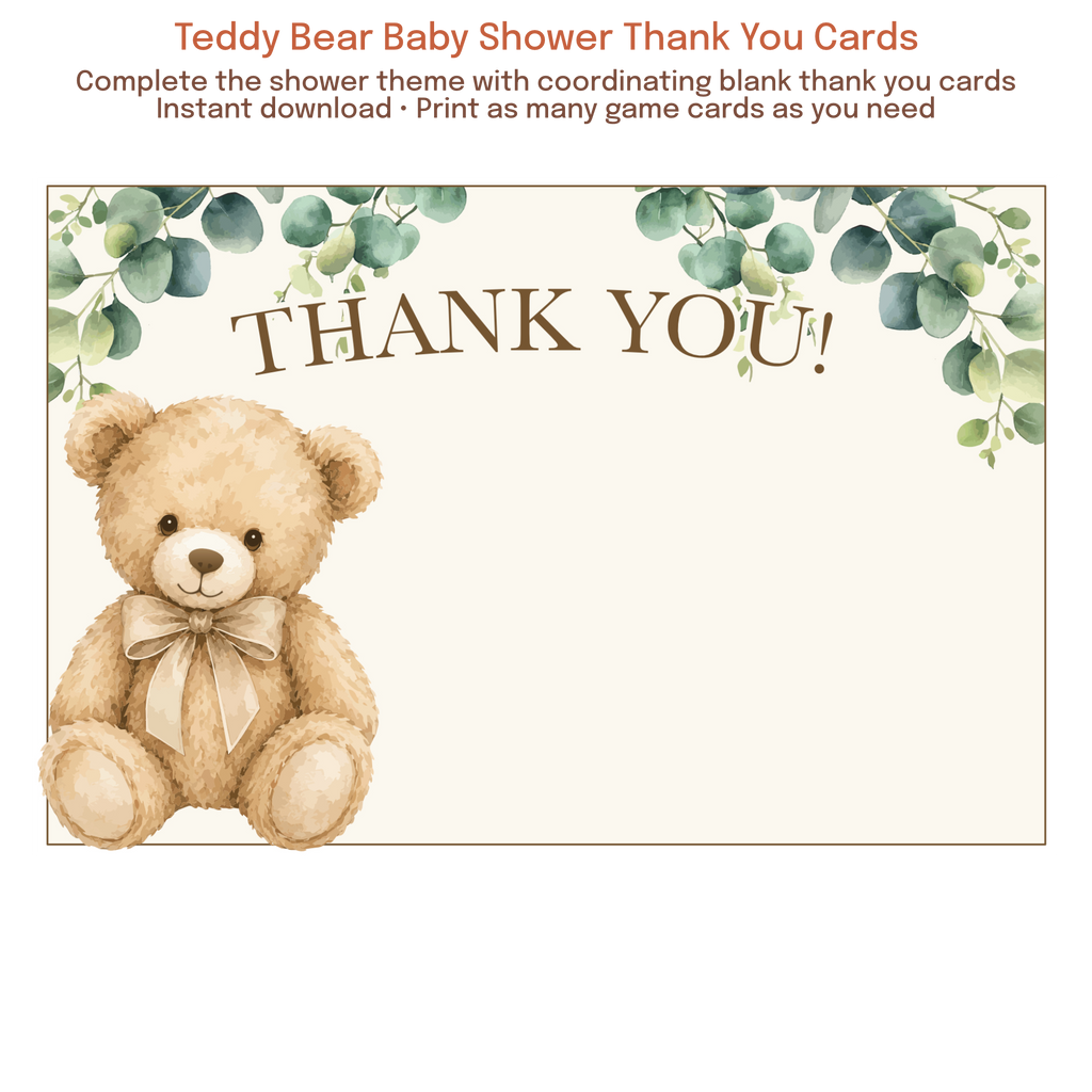 Printable teddy bear thank you card featuring watercolor teddy bear artwork and eucalyptus greenery.